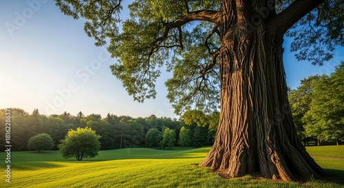 Fototapeta Naklejka Na Ścianę i Meble -  Serene landscape view of a majestic old tree with a powerful trunk standing on a vibrant green meadow during a peaceful and beautiful golden hour sunset