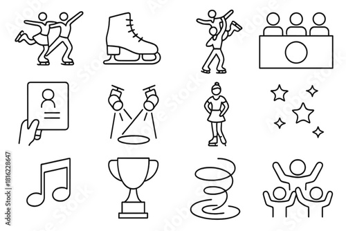 Figure Skating Icons. Figure Skating Event linear icon set: pair skaters, skating shoes, choreographed dance, judge panel, score card, performance lights, costume, star confetti