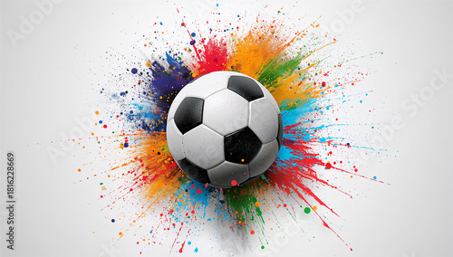 A classic black and white soccer ball sits centered against a bright explosion of colorful paint splashes spreading outward in all directions, creating a vivid energetic scene