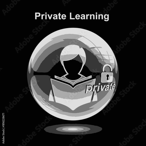 Conceptual illustration of private learning, showing a figure reading a book inside a protective orb with a padlock symbol for security