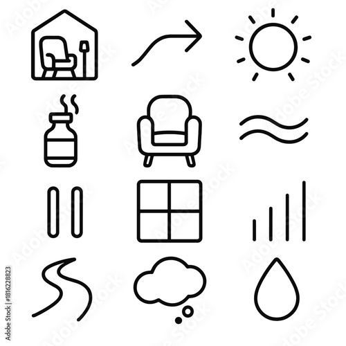 Calm & Comfort Icons. Calm & Comfort Elements linear icon set: cozy nook icon, restful stretch arrow, soft-light halo, soothing aroma bottle, peaceful seat, gentle breath wave
