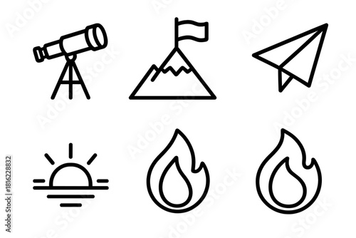 Visionary Spirit Icons. Visionary Spirit linear icon set. telescope, mountain peak, flag, paper plane, horizon, flame