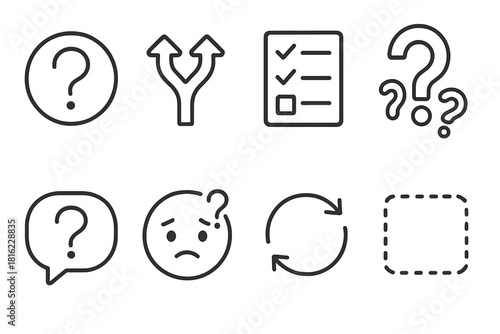 Problem-solving Icon Set. Problem-solving cues linear icon set: query icon, decision fork, checklist gap, abstract riddle mark, inquiry bubble, confused emoji outline, rotating