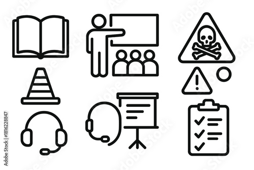 Workplace Safety Icons. Labor Day Workplace Safety Culture Training linear icon set: training manual, instructor figure, safety cone, hazard label, alert dot, briefing board