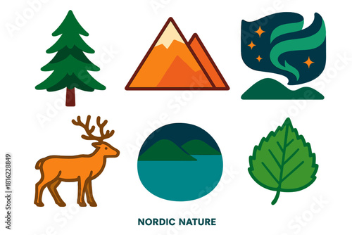 Nordic Nature Icons. Nordic Nature flat icon set: pine tree, mountain, reindeer, aurora, lake, birch leaf