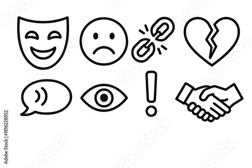 Fake Friendship Icons. Fake friendship concept linear icon set: smiling mask, sad face, broken chain, heart with crack, whisper bubble, eye, exclamation mark, handshake