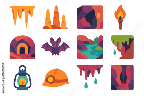 Minimalist Cave Icons. Caves flat icon set: stalactites, stalagmites, rock wall, torch light, cave entrance, bat, underground river, moss, lantern, explorer helmet, dripping water