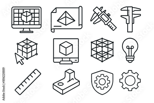 3D Design Icons Set. 3D Design & Prototyping linear icon set: computer monitor, wireframe model, blueprint, caliper, mouse cursor, cube mesh, print preview, idea bulb, ruler