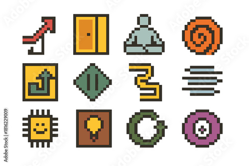 Emotional Toolkit Icons. Emotional Adaptation Toolkit pixel style icon set: inner-shift arrow, openness door, grounded presence icon, tension-release swirl, cognitive reframe block