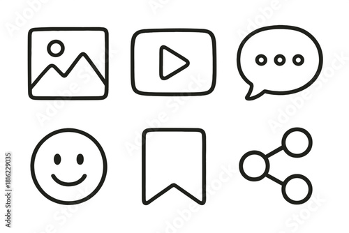 Doodle Share Icons. Content Sharing Set set of icons in doodle hand-drawn vector style: gallery photo, video clip, chat comment, save bookmark, emoji reaction, share icon