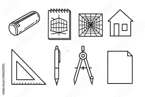 Architectural Tools Icons. Architectural Sketching linear icon set. pencil case, sketchpad, perspective grid, house outline, triangle ruler, ink pen, drafting compass, paper sheet