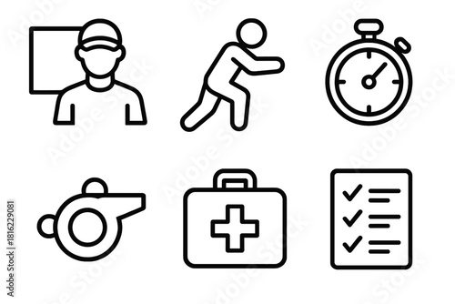 Training Safety Icons. Training and Safety linear icon set: instructor icon, practice stance, stopwatch, whistle, first aid kit, checklist