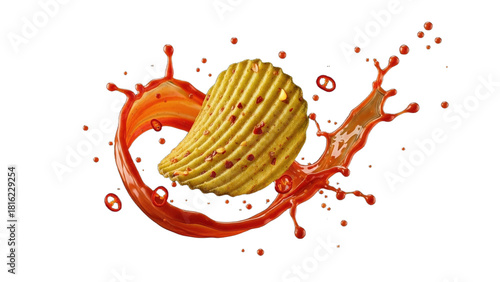 Fluted Potato Chip with Red Chili Splash and Slices Against Dark Background