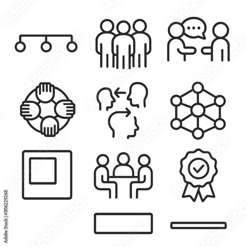 Flat Organizational Icons. Flat Organizational Structure linear icon set: horizontal chart line, autonomous team icon, open collaboration bubble, simplified roles stack, shared