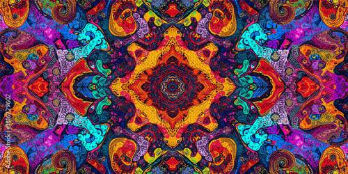 A vivid abstract kaleidoscope pattern filled with swirling shapes intricate linework and symmetrical forms displays a mix of bright colors blending into an energetic and visually striking composition