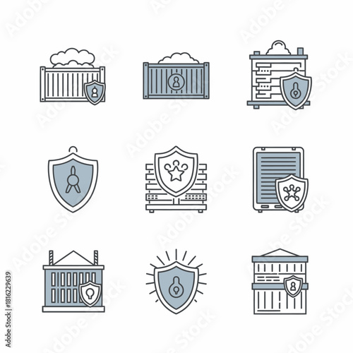 Secure Cargo Icons Protecting Shipments with Digital Shields for Safe Transportation and Logistics