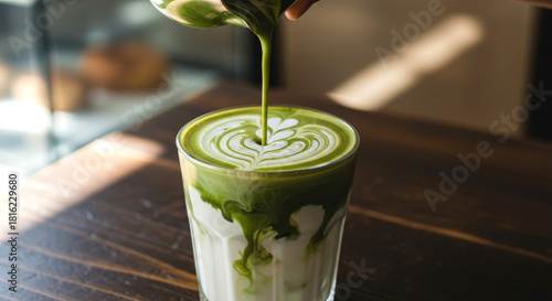 Pouring Green Matcha Tea Latte Art into Glass of Milk
