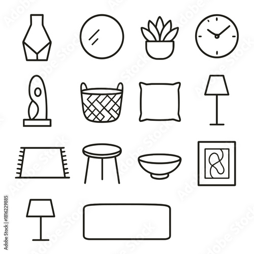 Minimalist Decor Icons. Minimalist Decor linear icon set : geometric vase, round mirror, potted succulent, wall clock, abstract sculpture, woven basket, linen cushion, floor lamp