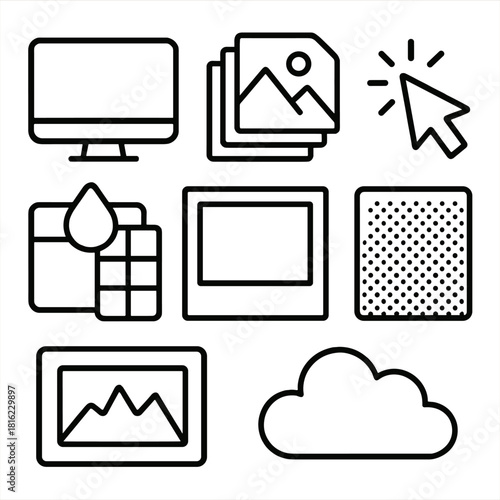 Digital Art Composition. Digital Collage Art linear icon set. computer screen, image layers, cursor icon, texture overlay, color picker, photo frame, gradient background, cloud
