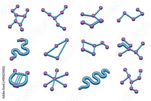 Vibrant Constellation Icons. Famous Constellations flat icons set. Orion, Ursa Major, Ursa Minor, Cassiopeia, Draco, Andromeda, Pegasus, Canis Major, Lyra, Cygnus, Hydra, Perseus