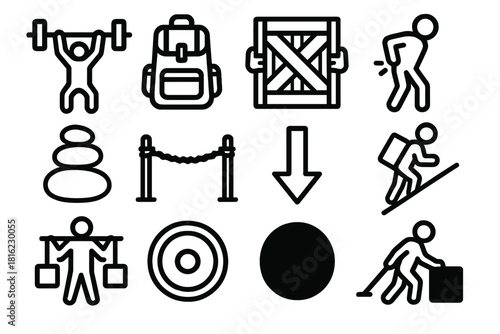 Physical Burden Icons. Physical Burden Icons linear icon set: lifted weight, packed bag, heavy crate, strained posture figure, stacked stones, tension rope, force arrow, uphill