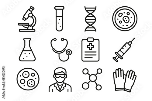 Medical Research Icons. Medical Research linear icon set: microscope, test tube, DNA helix, petri dish, lab flask, stethoscope, medical report, syringe, cell culture, scientist
