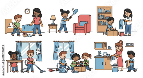 Set of diverse children helping with household chores, cleaning rooms, doing laundry, and learning domestic responsibilities together