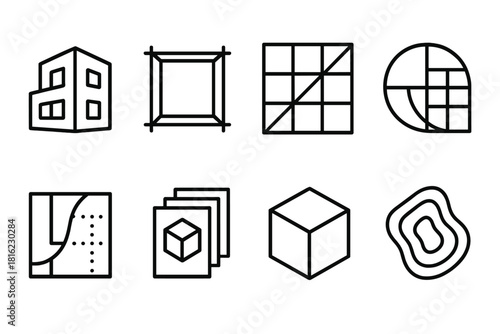 Architectural Blueprint Icons. Blueprints themes linear icon set: architectural block, structural frame, layout module, geometric overlay, planning curve, design layer, concept box