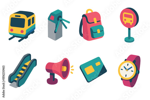 Commuter Icons Collection. Commuter Transport flat icons set. train car, turnstile, commuter bag, bus stop sign, subway escalator, announcement speaker, travel card, watch clock