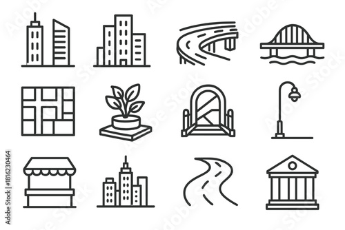 Urban Icon Collection. Urban Environment Collection linear icon set: tower pair, clustered blocks, elevated road, city bridge, street grid, plaza plant, metro entrance, light pole