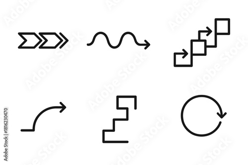 Sequential Flow Design. Timeline Flow linear icon set: sequential arrows, flowing line, step blocks, transition arc, unfolding path, continuity ring