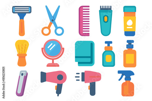 Minimalist Grooming Essentials. Personal Grooming Kit flat icon set: razor, scissors, comb, trimmer, brush, mirror, towel, shaving cream, nail clipper, hairdryer, lotion bottle