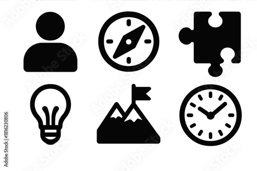 Brutalist Adaptability Icons. Personal adaptability silhouette icon set. person icon, compass, puzzle piece, light bulb, mountain flag, clock.