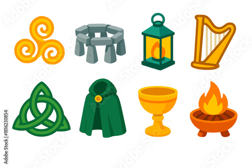 Celtic Heritage Icons. Celtic Heritage flat icon set: spiral symbol, stone circle, lantern, harp, knot, cloak, chalice, fire pit