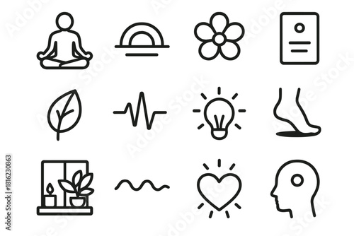Wellness Icon Collection. Wellness & Mindfulness Pack linear icon set: meditation pose, balanced arc, soft bloom, intention card, wellness leaf, steady pulse line, warm light, slow