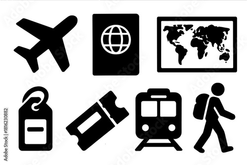 Backpacking Icon Set. Travel Backpacking silhouette icon set. airplane, passport, world map, hostel bed, luggage tag, ticket, train, traveler walking.