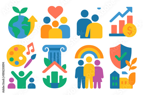 Modern Growth Icons. Societal growth patterns themes flat icon set: sustainable development, social cohesion, economic resilience, cultural enrichment, technological advancement