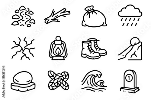 Journey of Resilience. Life Hardship linear icon set: rocky path, broken branch, heavy burden bag, rain cloud, cracked ground, dim lantern, worn boots, uphill trail, resilience