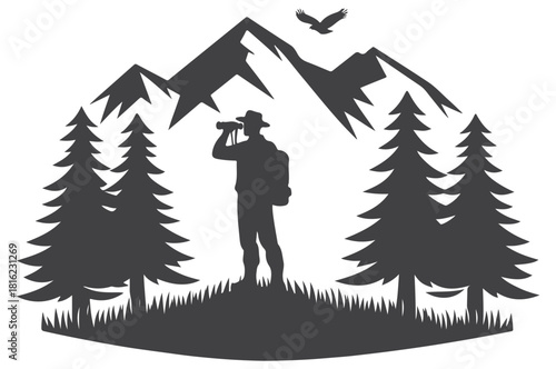 A bold black silhouette shows a hiker with a backpack, binoculars, and a rugged mountain backdrop. Tall pines frame the scene beneath a soaring eagle, evoking outdoor adventure