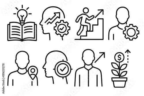 Career Growth Icons. Personal growth in careers themes linear icon set: continuous learning, professional development, strategic advancement, self-improvement, career alignment
