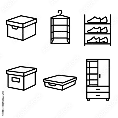 Efficient Storage Icons. Smart Storage linear icon set. stackable box, hanging organizer, shoe rack, labeled bin, under-bed tray, vertical cabinet