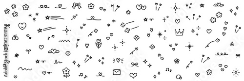 手書きの飾りイラストのベクターイラストセット。手描き、星、花、落書き、ハート、キラキラ