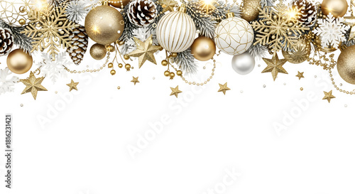 A festive Christmas border with elegant gold and white ornaments, sparkling stars, and frosted pinecones.