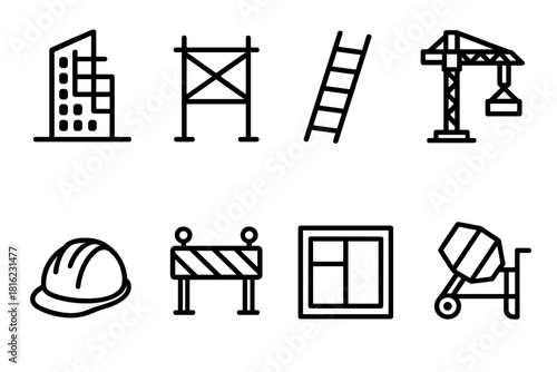 Construction Icons Set. Under construction site concept linear icon set: half-built tower, scaffolding, ladder, crane, wall frame, helmet, barrier, cement mixer , simple mechanical