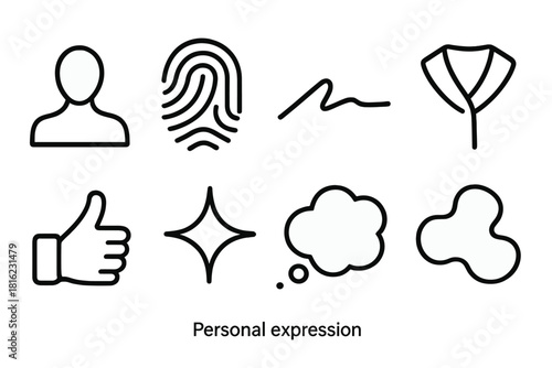 Iconic Silhouette Expressions. Personal Expression linear icon set: unique silhouette, identity mark, signature line, style shape, preference icon, personal spark, trait bubble