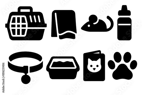 Cat Travel Essentials Icons. Cat Travel Icons silhouette icon set. carrier, blanket, toy mouse, water bottle, collar, litter box, passport, paw print.