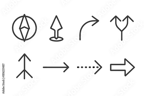 Variety of Arrows. Directional Arrows linear icon set: compass arrow, waypoint arrow, turning arrow, split arrow, merge arrow, long arrow, dotted arrow, bold arrow