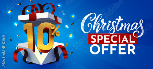 Christmas Special Offer banner with 10 discount from a gift box. Festive holiday promotion design. Vector illustration