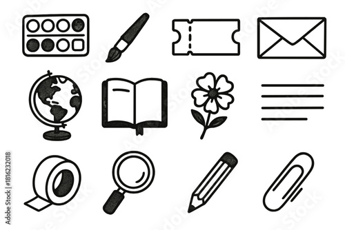 Travel Icons Collection. Creative Travel Notes linear icon set. watercolor set, brush pen, ticket stub, envelope, globe, travel diary, dried flower, tape roll, handwriting lines