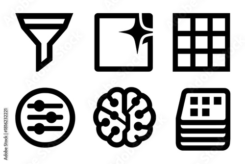 Bold AI Icon Set. AI Image Processing silhouette icon set: data filter, enhancement tool, pixel grid, color adjustment icon, neural model, training dataset